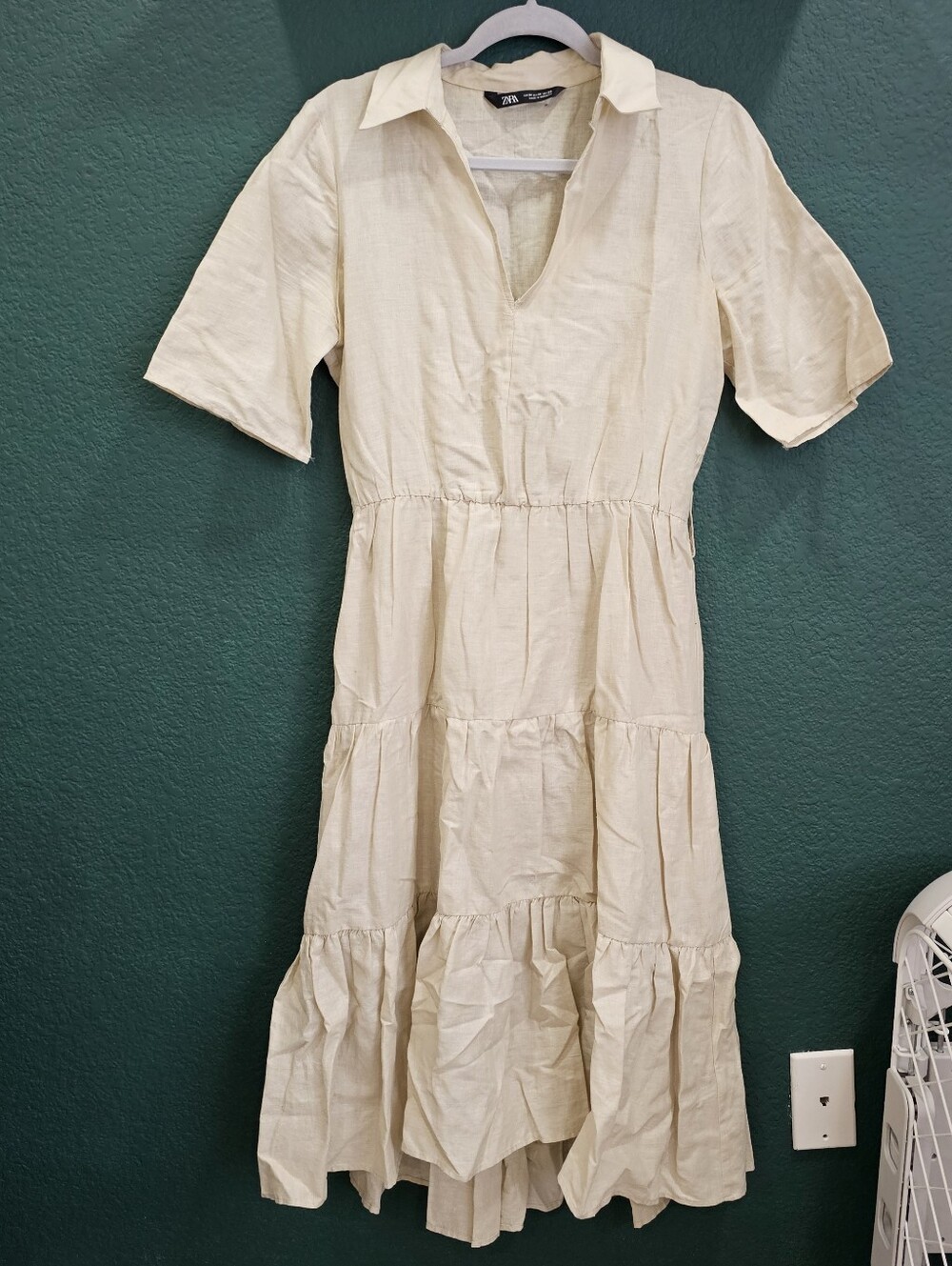 Zara Beige Linen Blend Tiered Midi Dress Size M Collared Short Sleeve